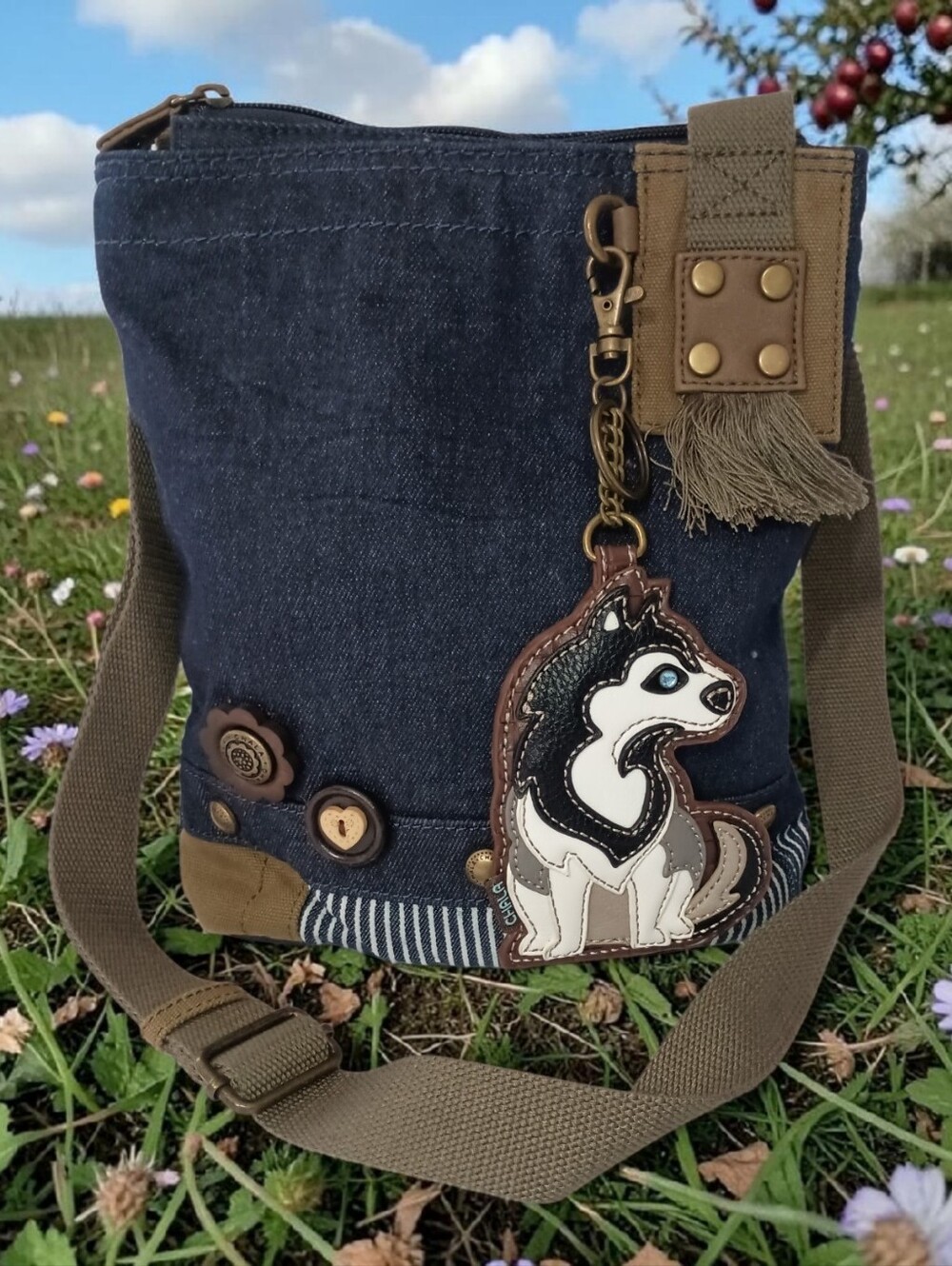 Chala Crossbody Bag Husky Dog Leather Charm Blue Denim Applique Purse Handbag